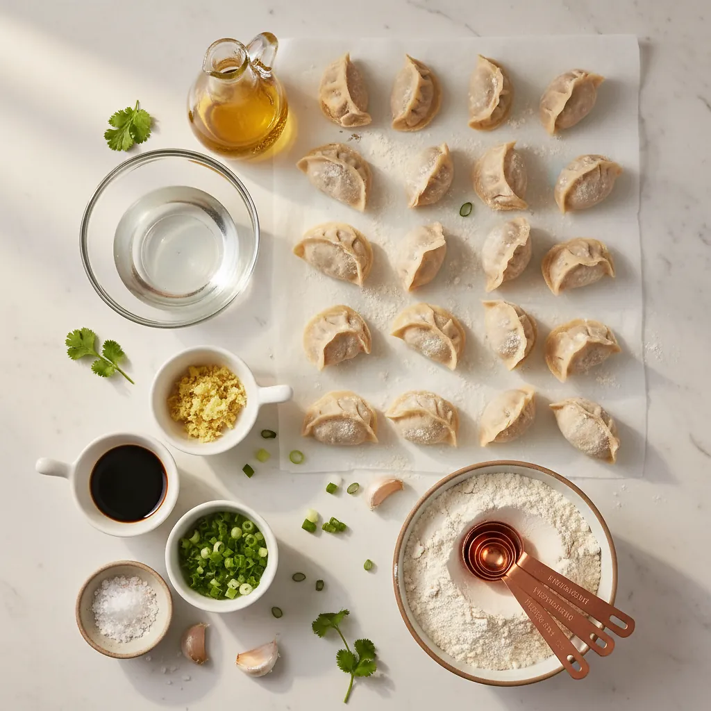 Air Fryer Dumplings ingredients organized for rapid prep on a dark wood board