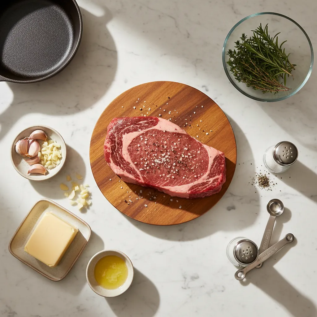 Pan-Seared Steak with Garlic Butter ingredients organized for rapid prep on a dark wood board