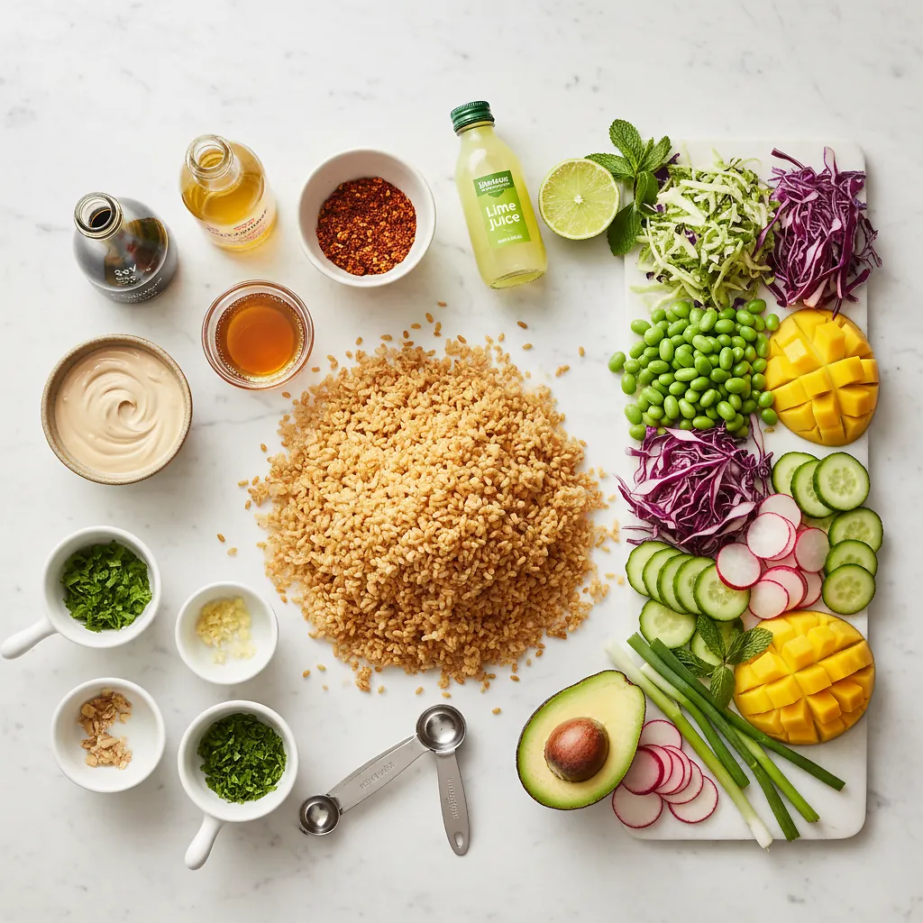 Crispy Rice Salad With Spicy Tahini Dressing ingredients organized for rapid prep on a dark wood board