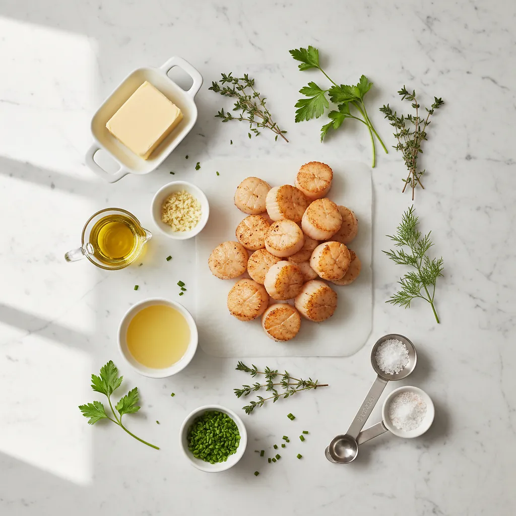 Seared Scallops with Garlic Butter ingredients organized for rapid prep on a dark wood board