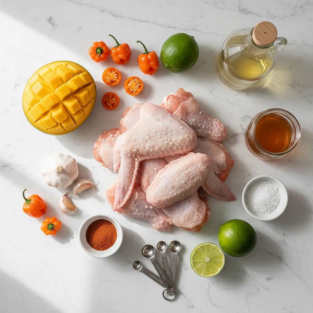 Mango Habanero Chicken Wings ingredients organized for rapid prep on a dark wood board