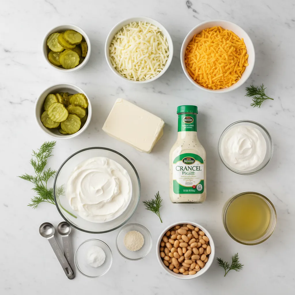Best Baked Ranch Pickle Dip ingredients organized for rapid prep on a dark wood board