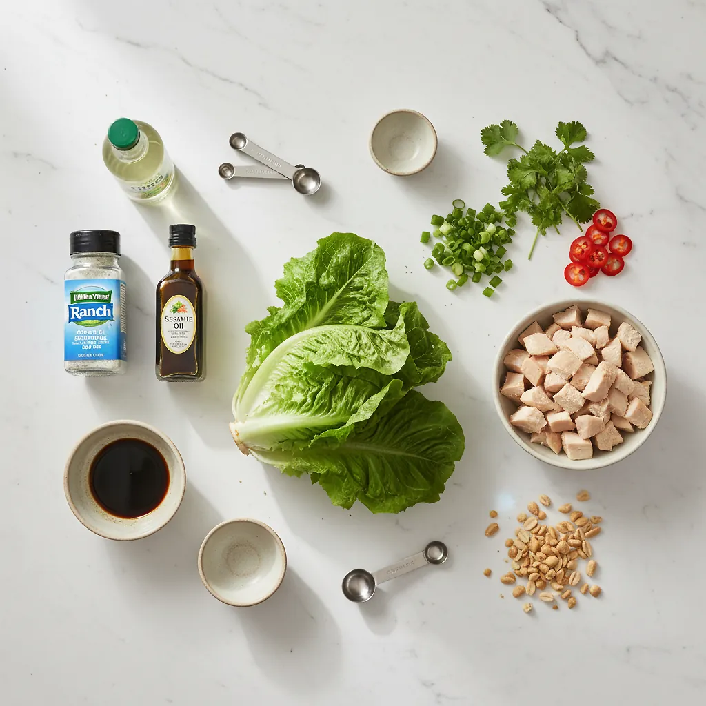 Ranch Chicken Lettuce Cups ingredients organized for rapid prep on a dark wood board