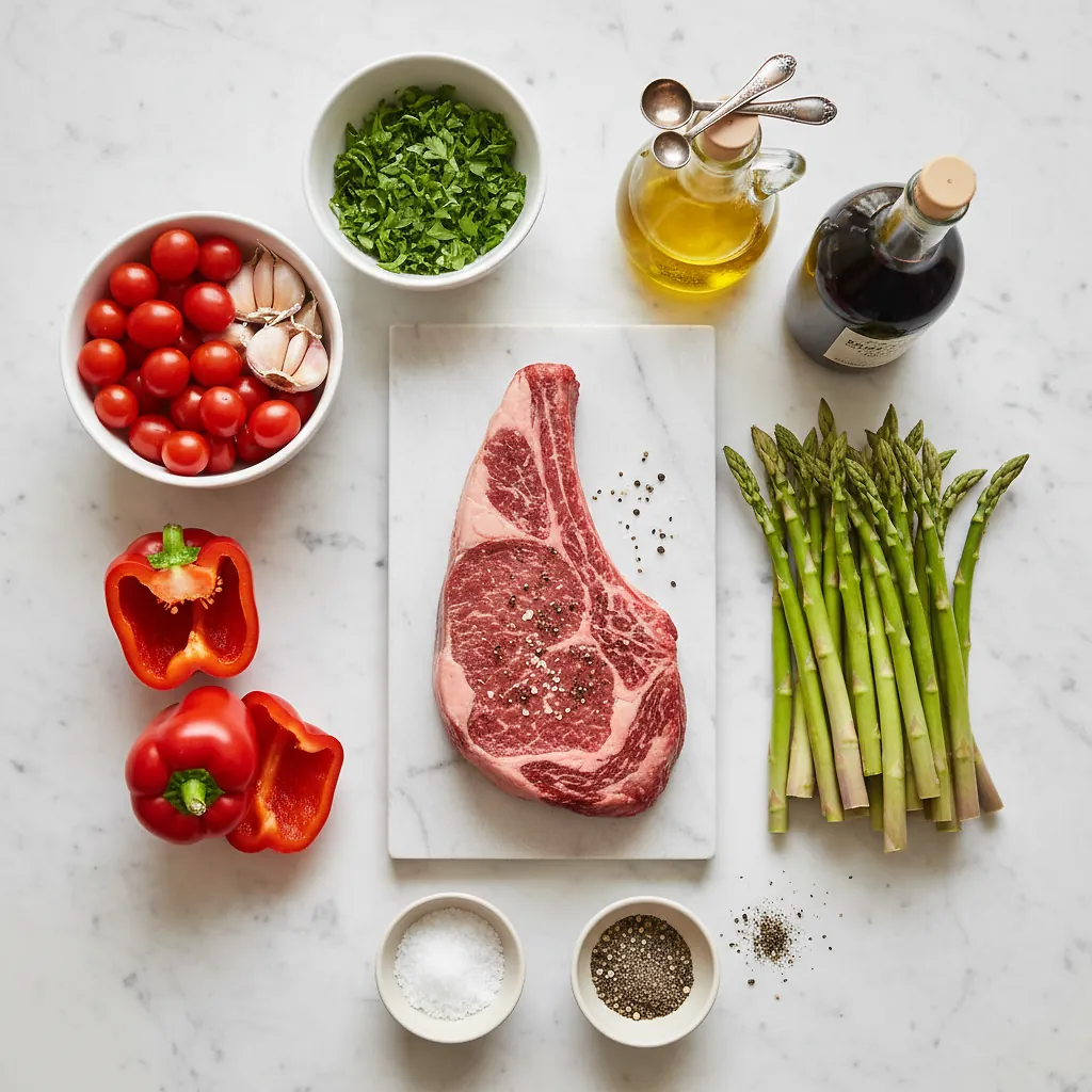 Reverse-Seared Tomahawk Steak with Grilled Asparagus and Roasted Red Pepper, Tomato, and Garlic Chimichurri ingredients organized for rapid prep on a dark wood board