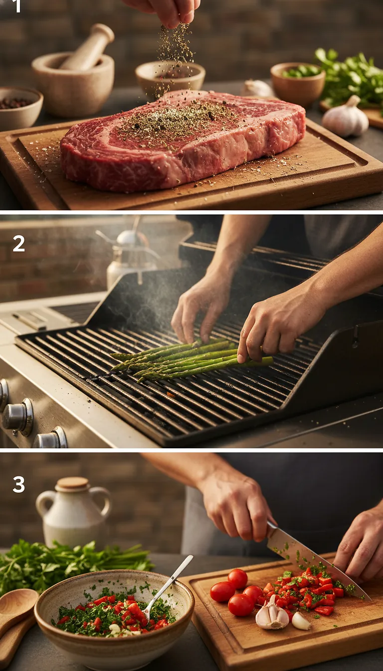 Step-by-Step High Heat Execution for Reverse-Seared Tomahawk Steak with Grilled Asparagus and Roasted Red Pepper, Tomato, and Garlic Chimichurri