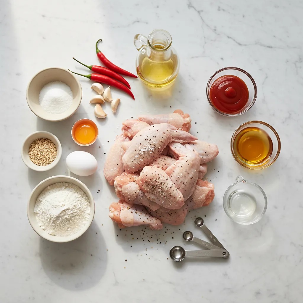 Sweet, sour, & spicy Korean fried chicken (Yangnyeom-tongdak) ingredients organized for rapid prep on a dark wood board