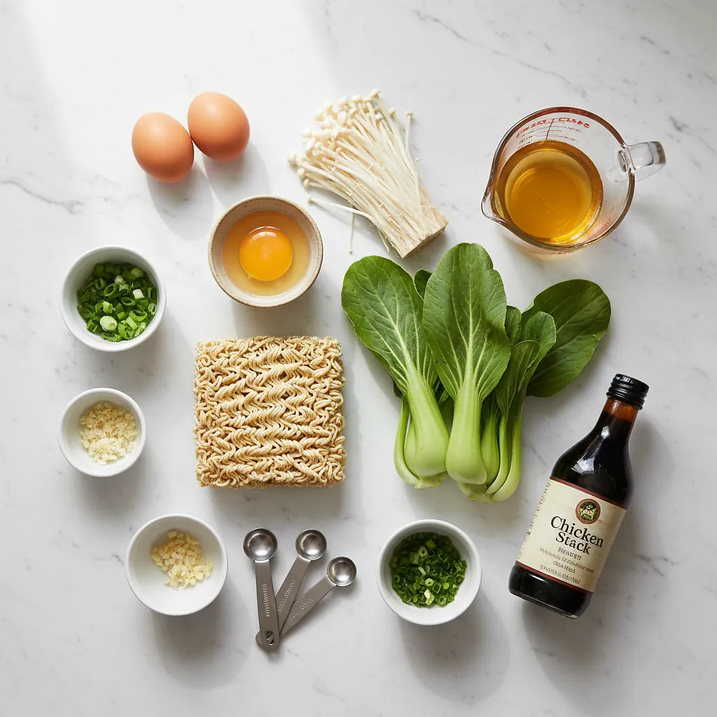 Elevated Instant Ramen Noodles ingredients organized for rapid prep on a dark wood board