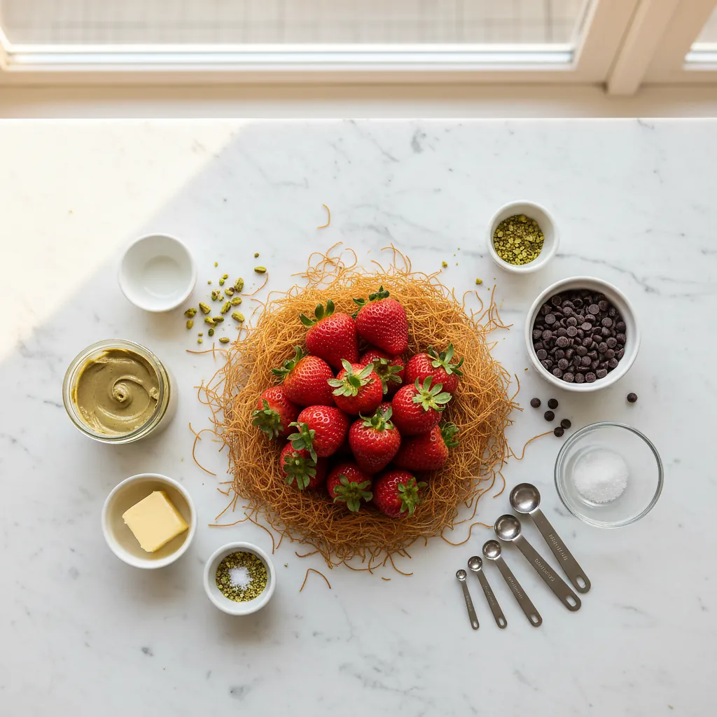 Dubai Chocolate Strawberries ingredients organized for rapid prep on a dark wood board