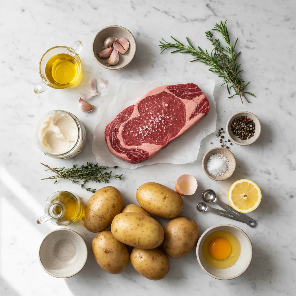 Grilled Ribeye with Beef Tallow Fries ingredients organized for rapid prep on a dark wood board