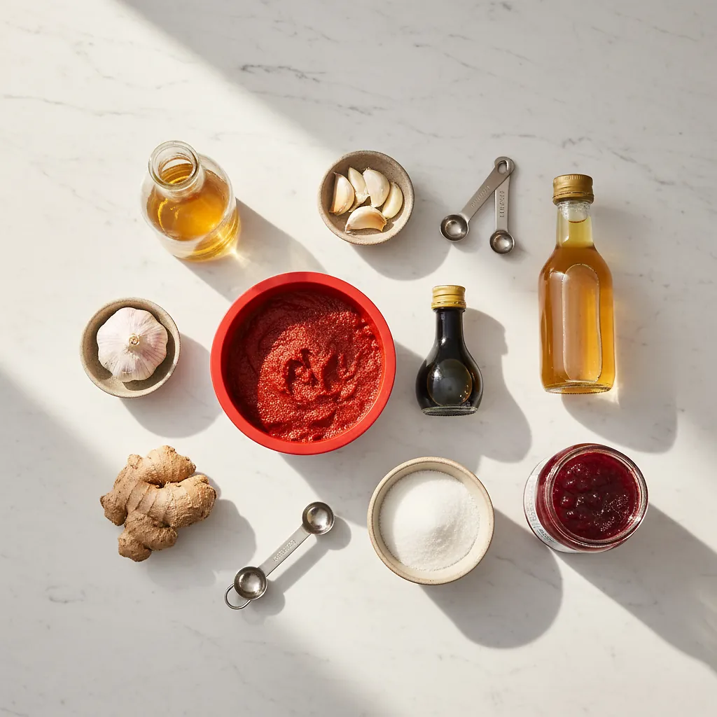 Swicy Sauce ingredients organized for rapid prep on a dark wood board