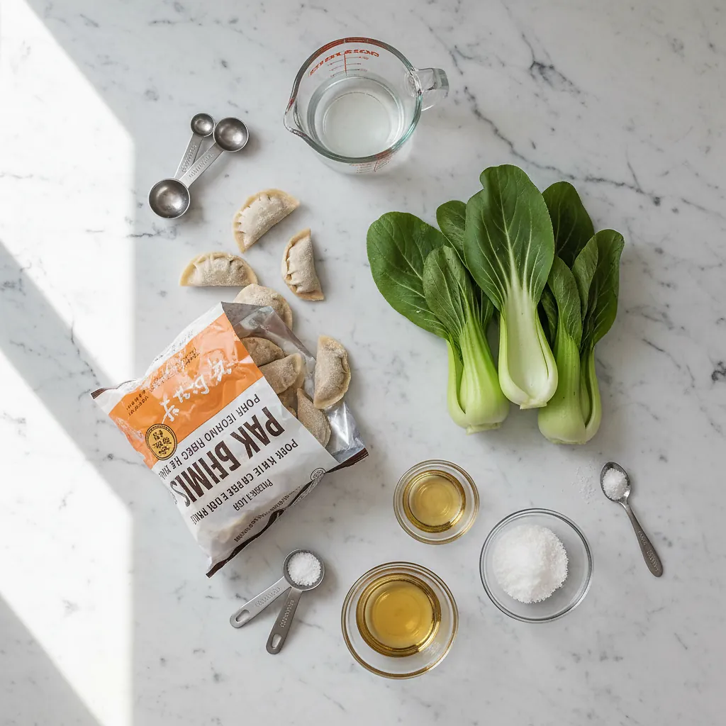 15-Minute Pan-Fried Dumplings with Bok Choy ingredients organized for rapid prep on a dark wood board