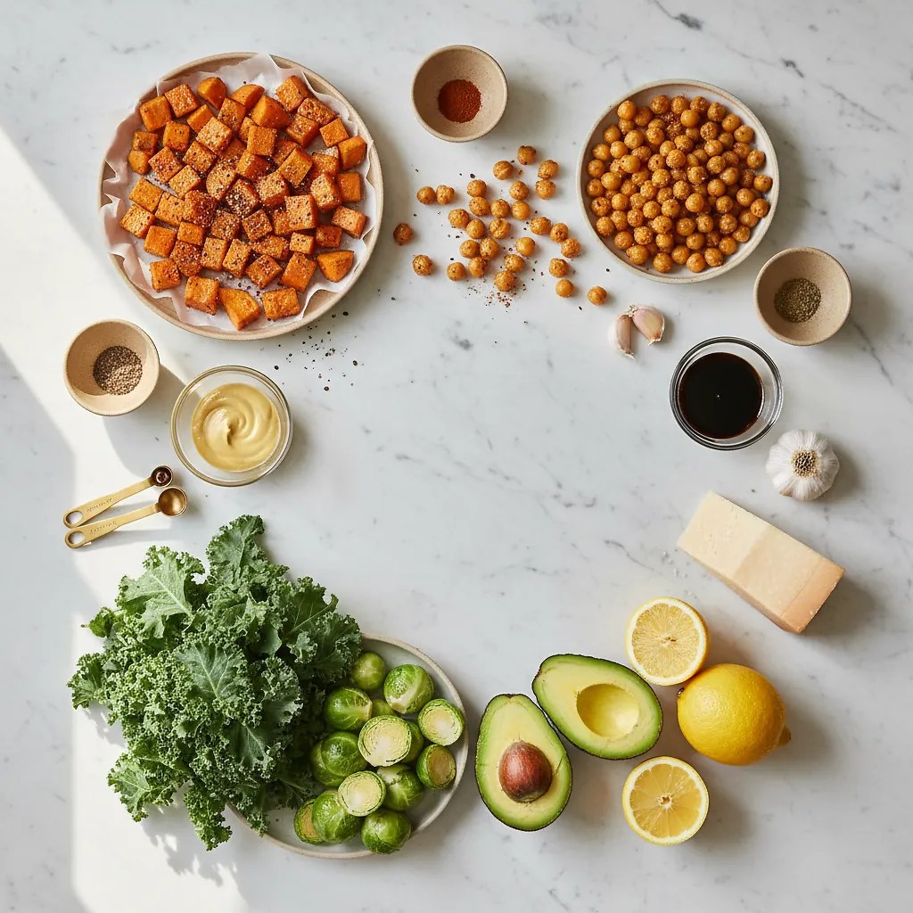 Kale Caesar Salad with Sweet Potatoes and Crispy Chickpeas ingredients organized for rapid prep on a dark wood board