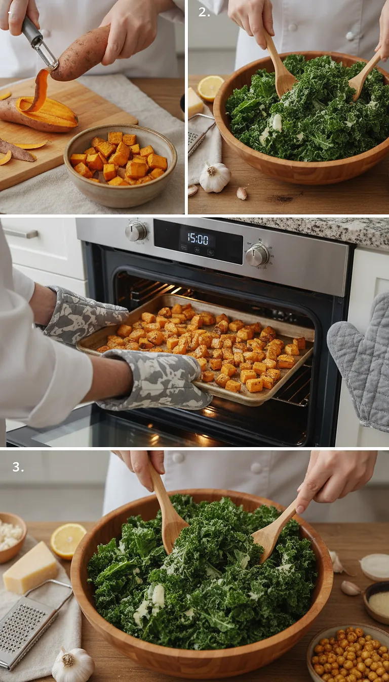 Step-by-Step High Heat Execution for Kale Caesar Salad with Sweet Potatoes and Crispy Chickpeas