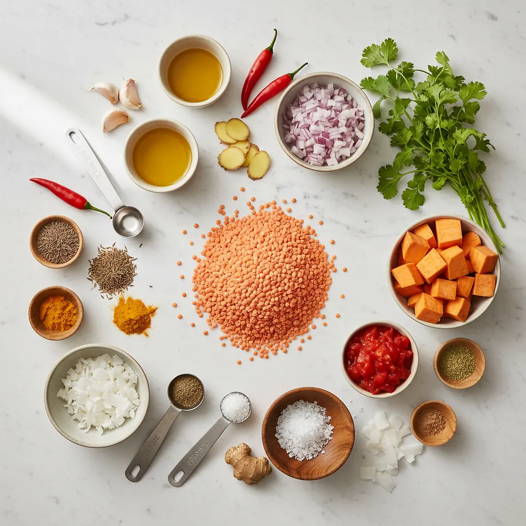 Masoor Dal (Spiced Red Lentils) ingredients organized for rapid prep on a dark wood board