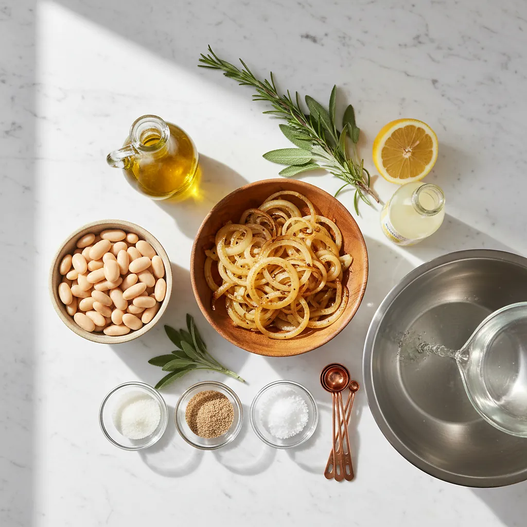 Caramelized Onion White Bean Dip ingredients organized for rapid prep on a dark wood board