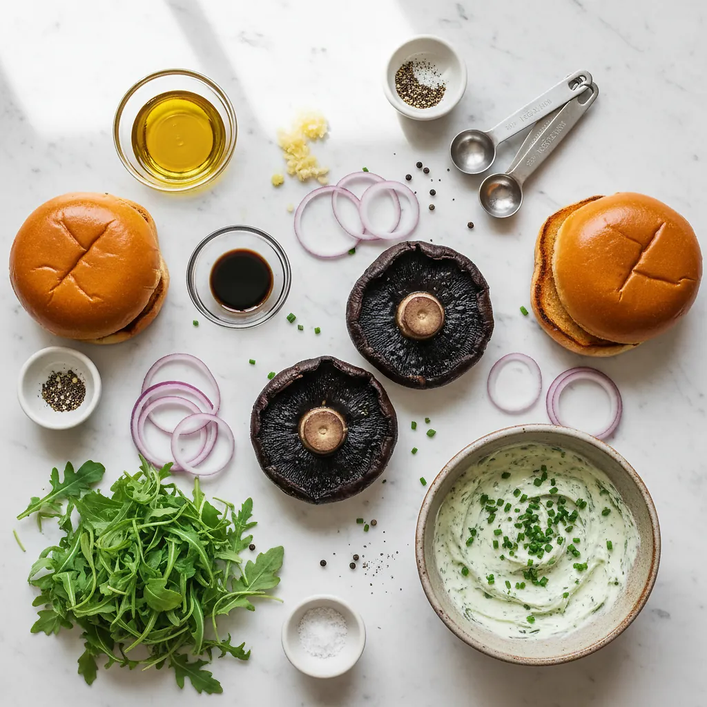 Grilled Portobello Burger (with Garlic-Chive Aioli) ingredients organized for rapid prep on a dark wood board