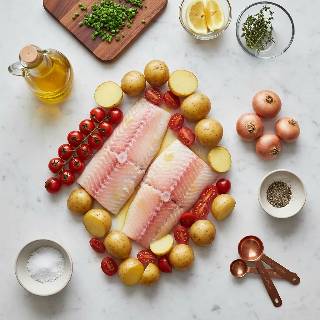 Baked Arctic Char with Vegetables ingredients organized for rapid prep on a dark wood board