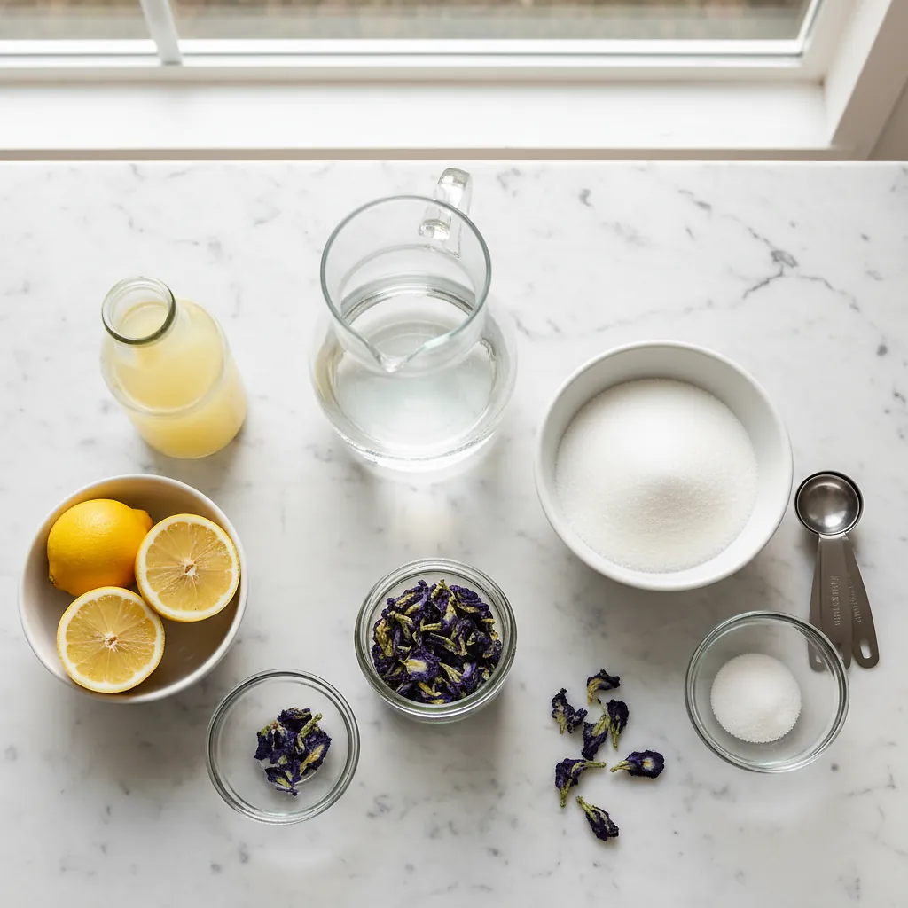 Magic Butterfly Pea Lemonade ingredients organized for rapid prep on a dark wood board