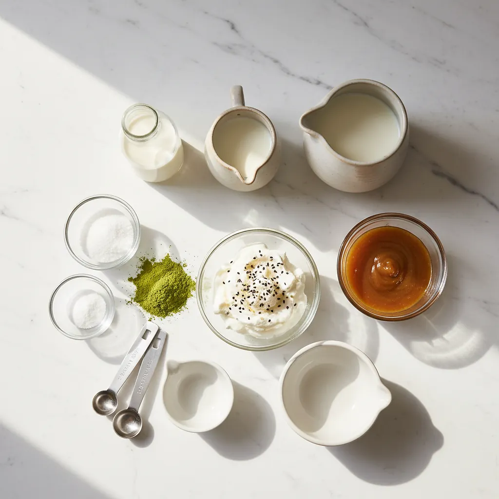Matcha Panna Cotta ingredients organized for rapid prep on a dark wood board