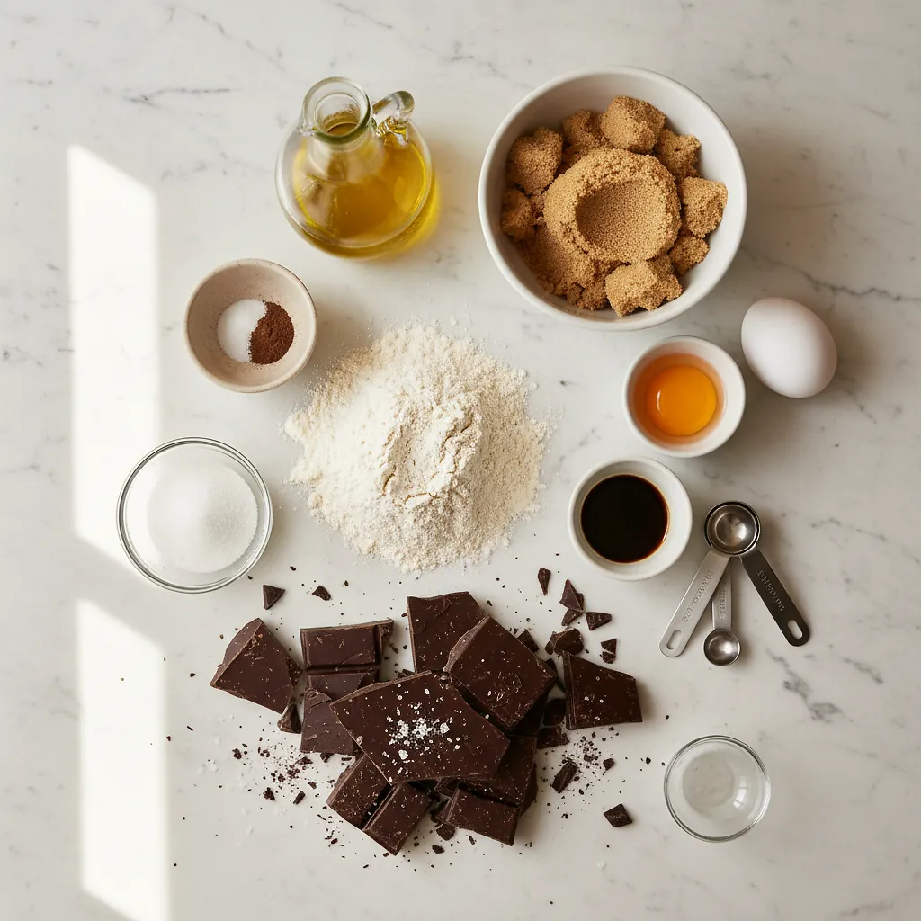 Olive Oil Chocolate Chunk Cookies ingredients organized for rapid prep on a dark wood board
