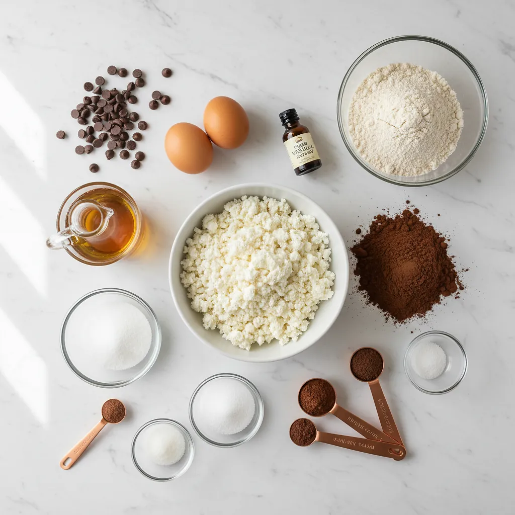 Cottage Cheese Brownies ingredients organized for rapid prep on a dark wood board