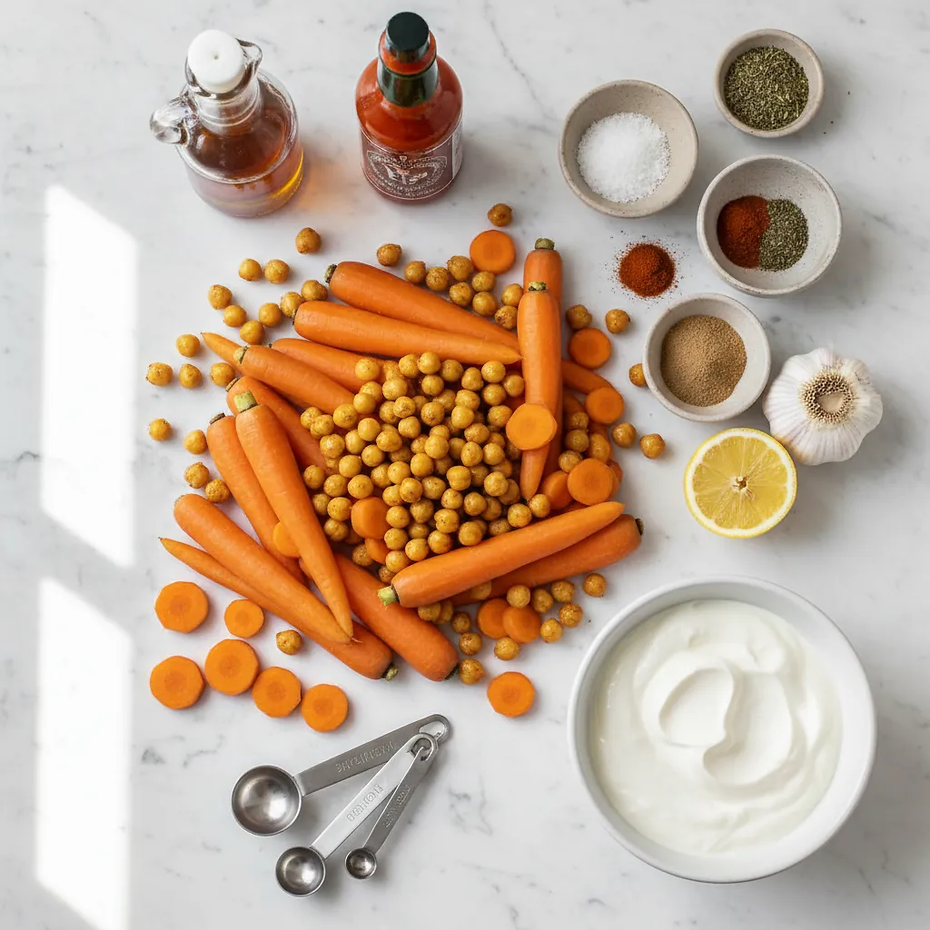 Spicy maple roast carrots with crispy chickpeas and yogurt sauce ingredients organized for rapid prep on a dark wood board