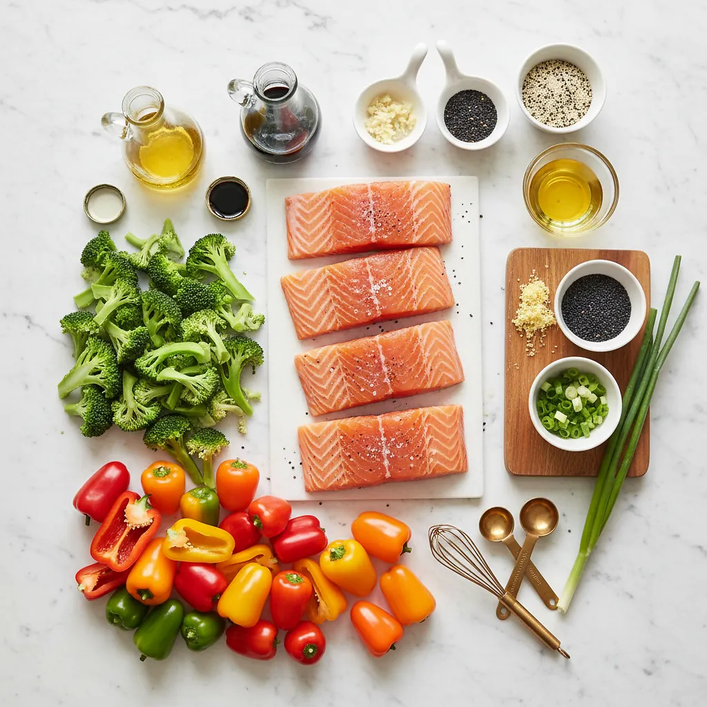 Sheet Pan Teriyaki Salmon and Vegetables ingredients organized for rapid prep on a dark wood board