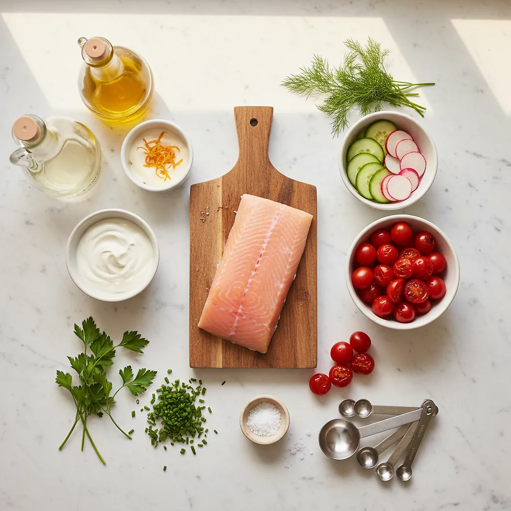 Orange Arctic Char with Burst Cherry Tomatoes ingredients organized for rapid prep on a dark wood board