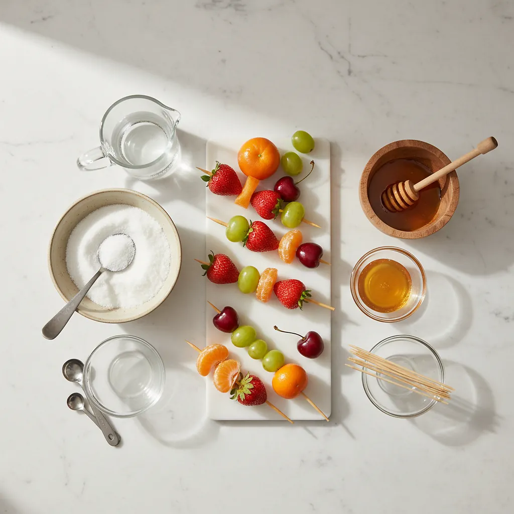 Tanghulu Recipe (Candied Fruits) ingredients organized for rapid prep on a dark wood board