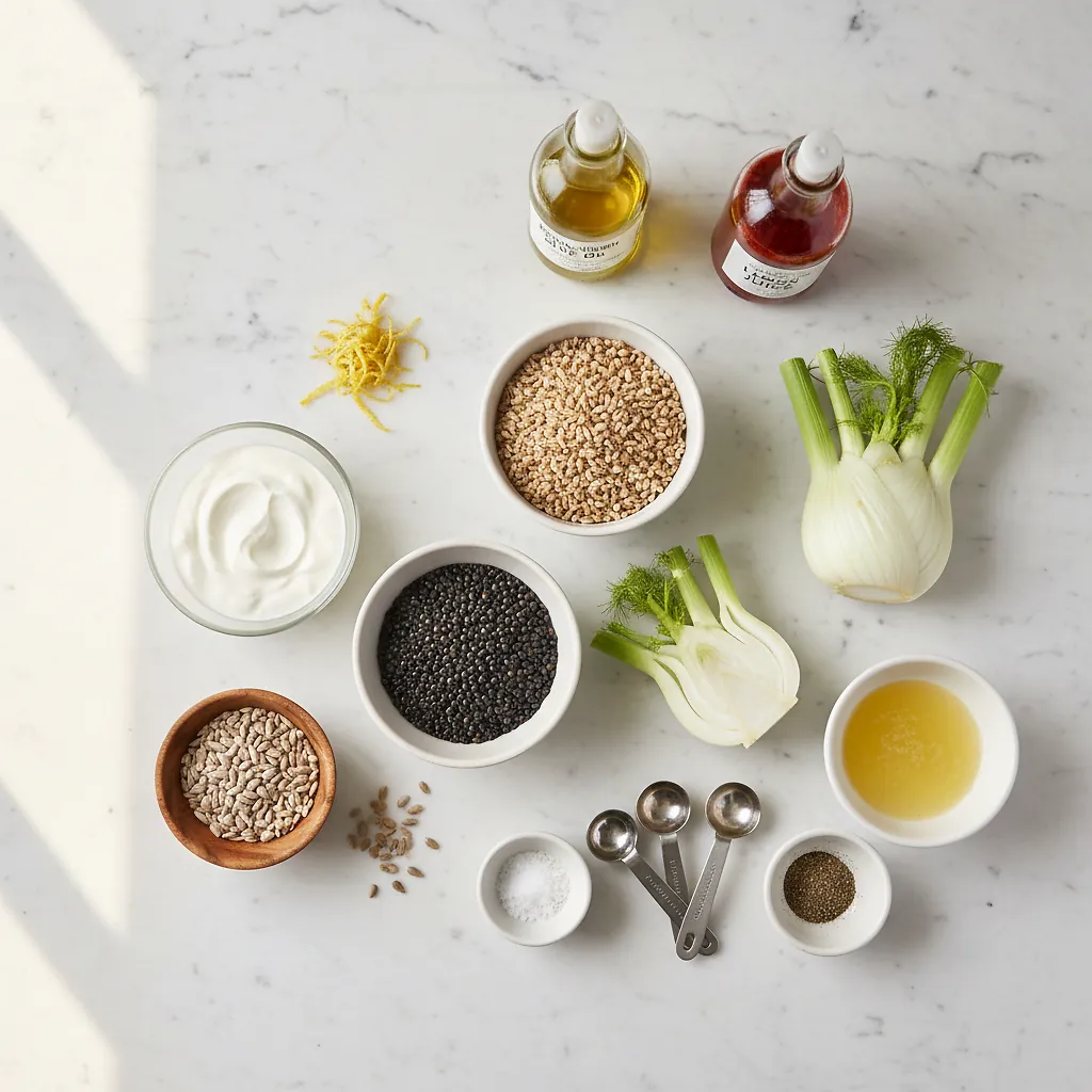 Need-More-Fiber Lentil Salad ingredients organized for rapid prep on a dark wood board