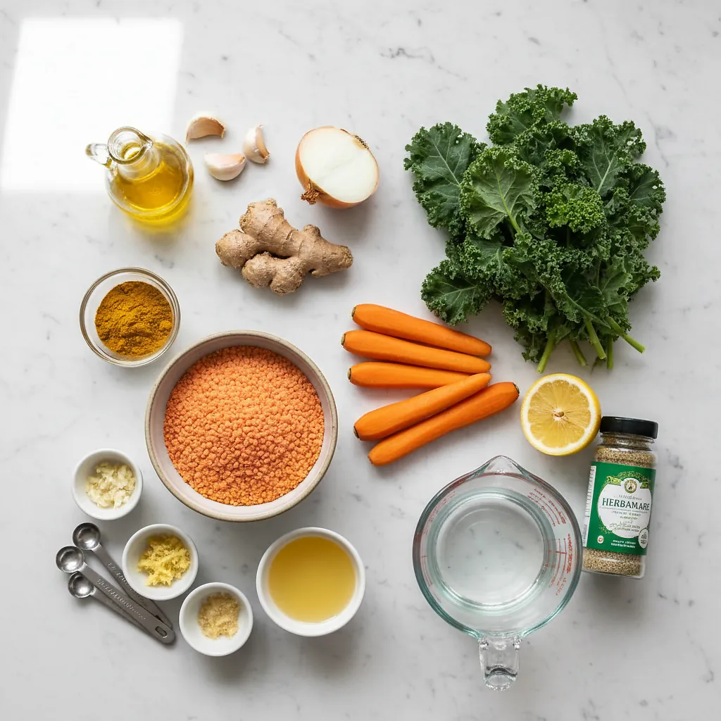 Soothing Red Lentil Soup ingredients organized for rapid prep on a dark wood board