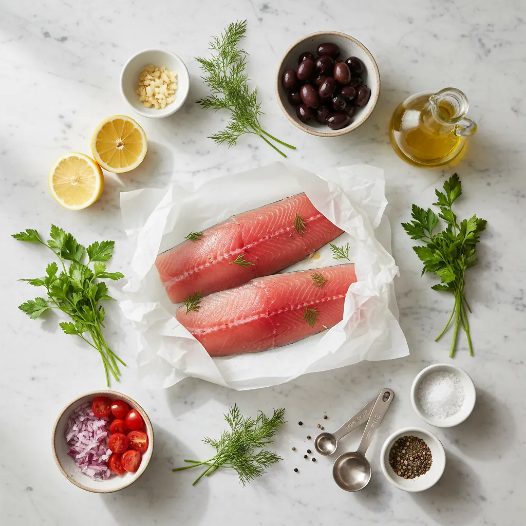 Mediterranean- Style Arctic Char in Parchment ingredients organized for rapid prep on a dark wood board