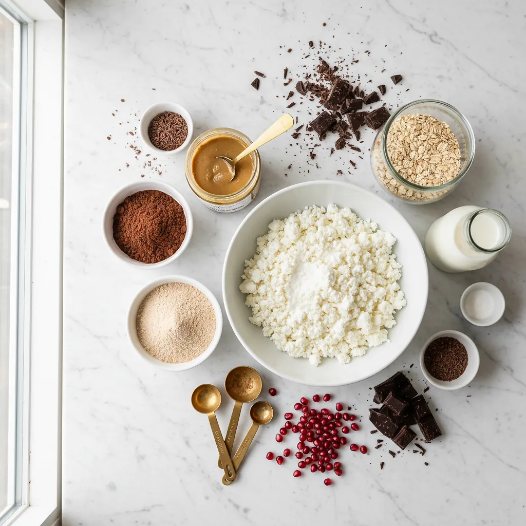 Chocolate Cottage Cheese Pudding ingredients organized for rapid prep on a dark wood board