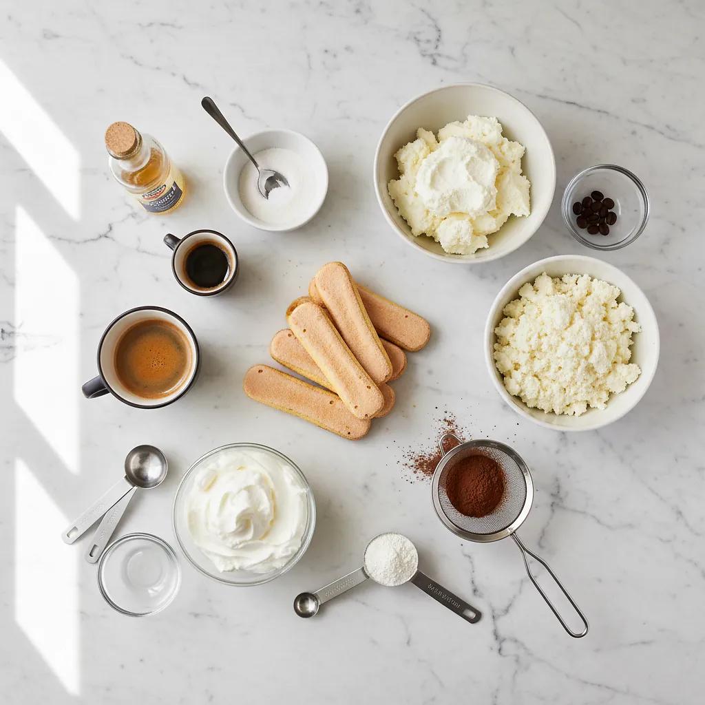 Protein Tiramisu ingredients organized for rapid prep on a dark wood board