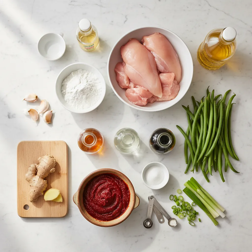 Gochujang Chicken Stir-Fry ingredients organized for rapid prep on a dark wood board