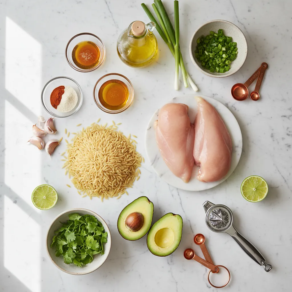 Grilled Chicken Orzo Salad with Avocado ingredients organized for rapid prep on a dark wood board