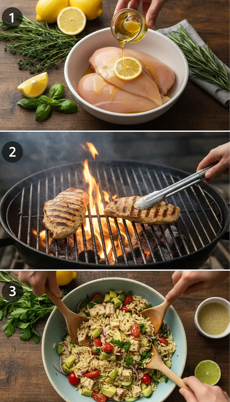 Step-by-Step High Heat Execution for Grilled Chicken Orzo Salad with Avocado