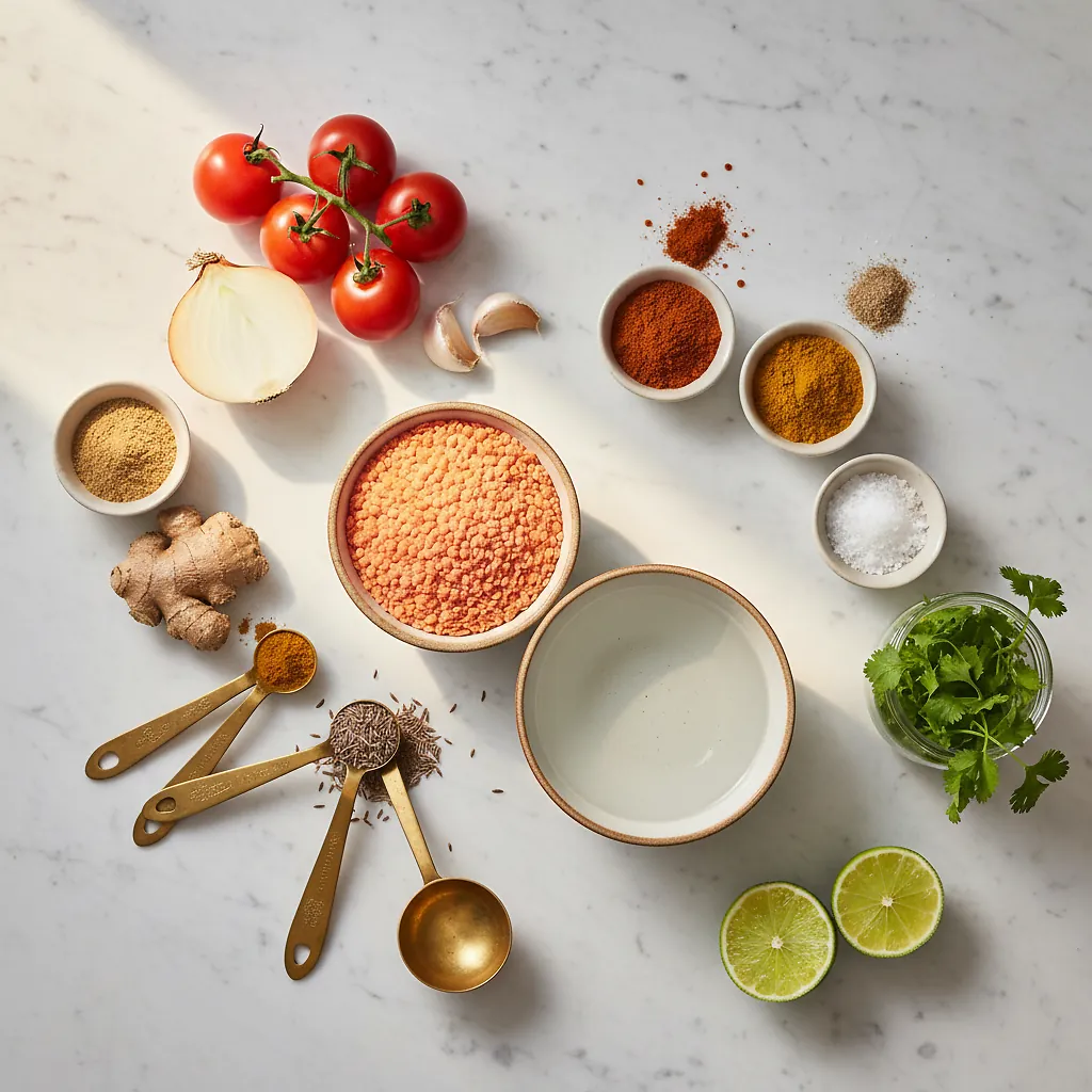 Lentil Curry ingredients organized for rapid prep on a dark wood board