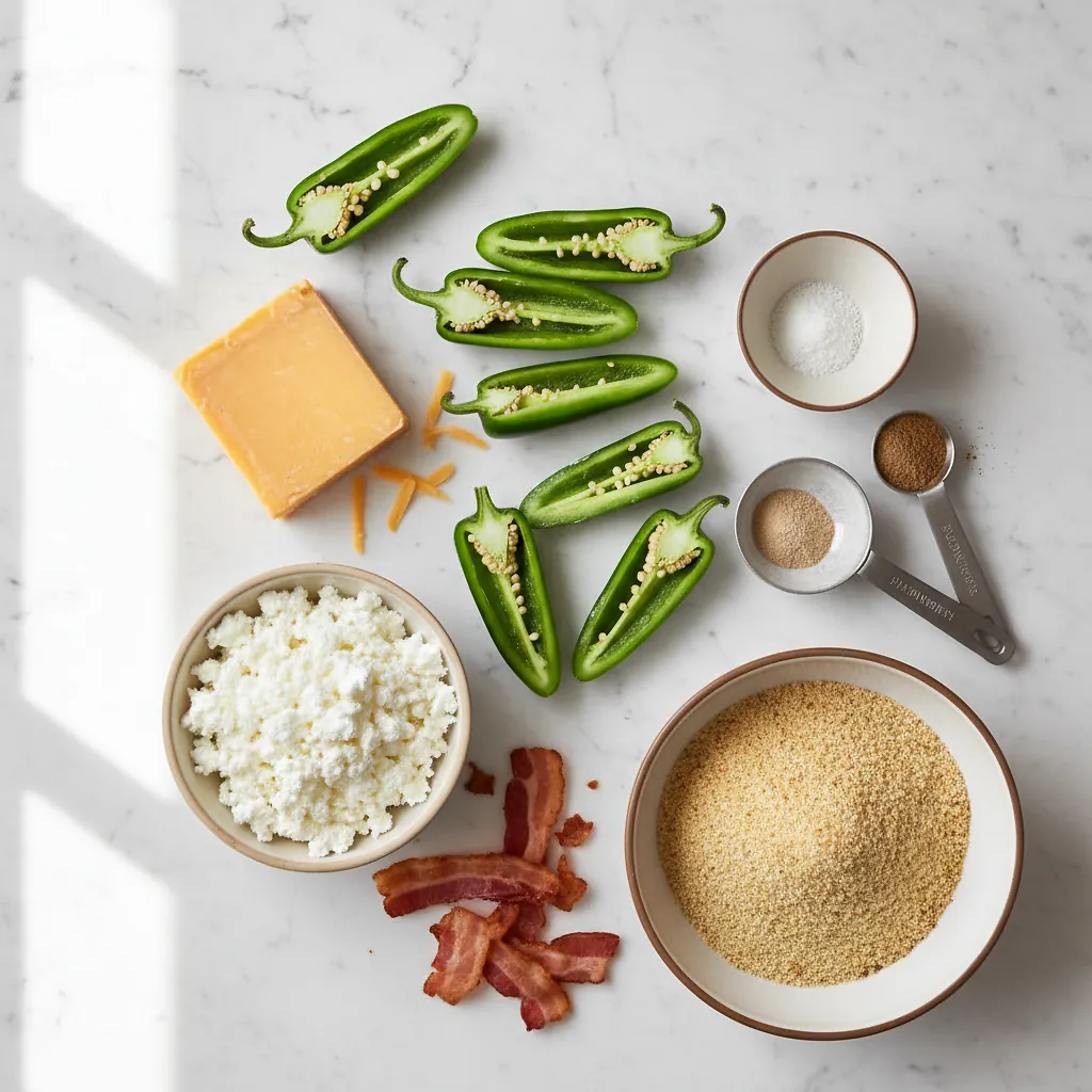High Protein Jalapeno Poppers ingredients organized for rapid prep on a dark wood board