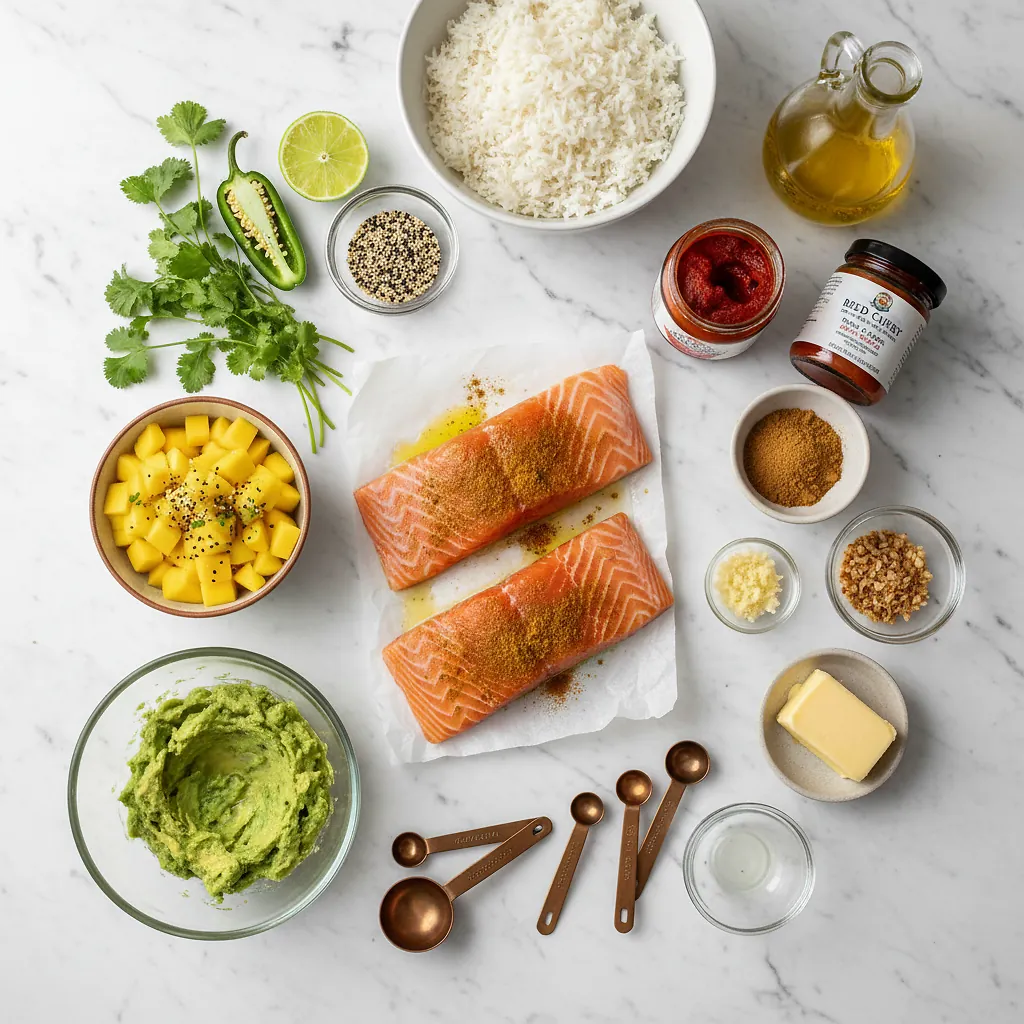 Chili Crisp Salmon Bowl with Avocado Mango Salsa ingredients organized for rapid prep on a dark wood board