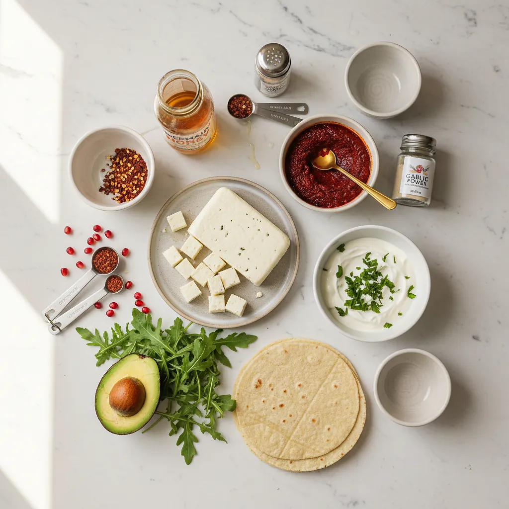Hot Honey Halloumi Tacos ingredients organized for rapid prep on a dark wood board