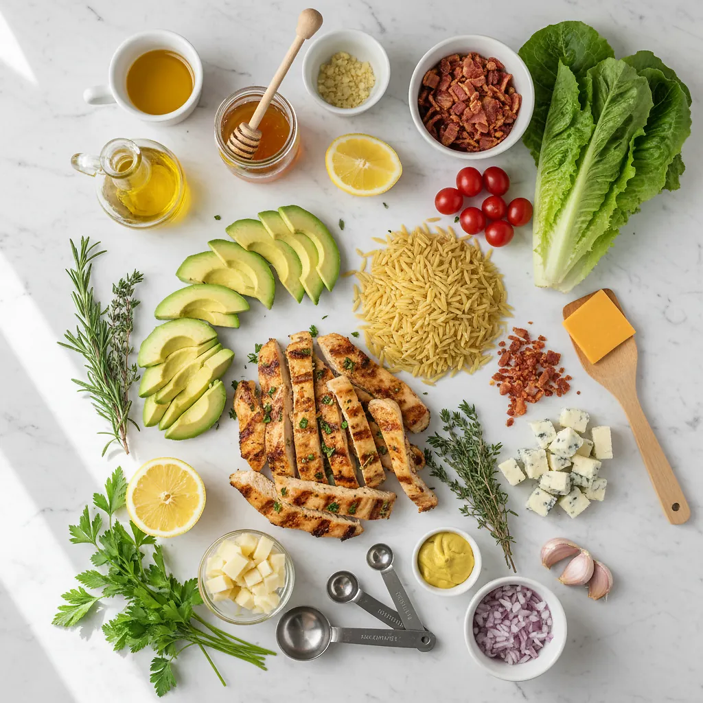 Grilled Lemon Herb Chicken Avocado Orzo Salad with Honey Mustard Bacon Dressing ingredients organized for rapid prep on a dark wood board