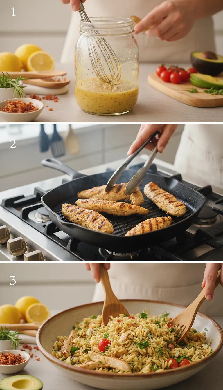 Step-by-Step High Heat Execution for Grilled Lemon Herb Chicken Avocado Orzo Salad with Honey Mustard Bacon Dressing