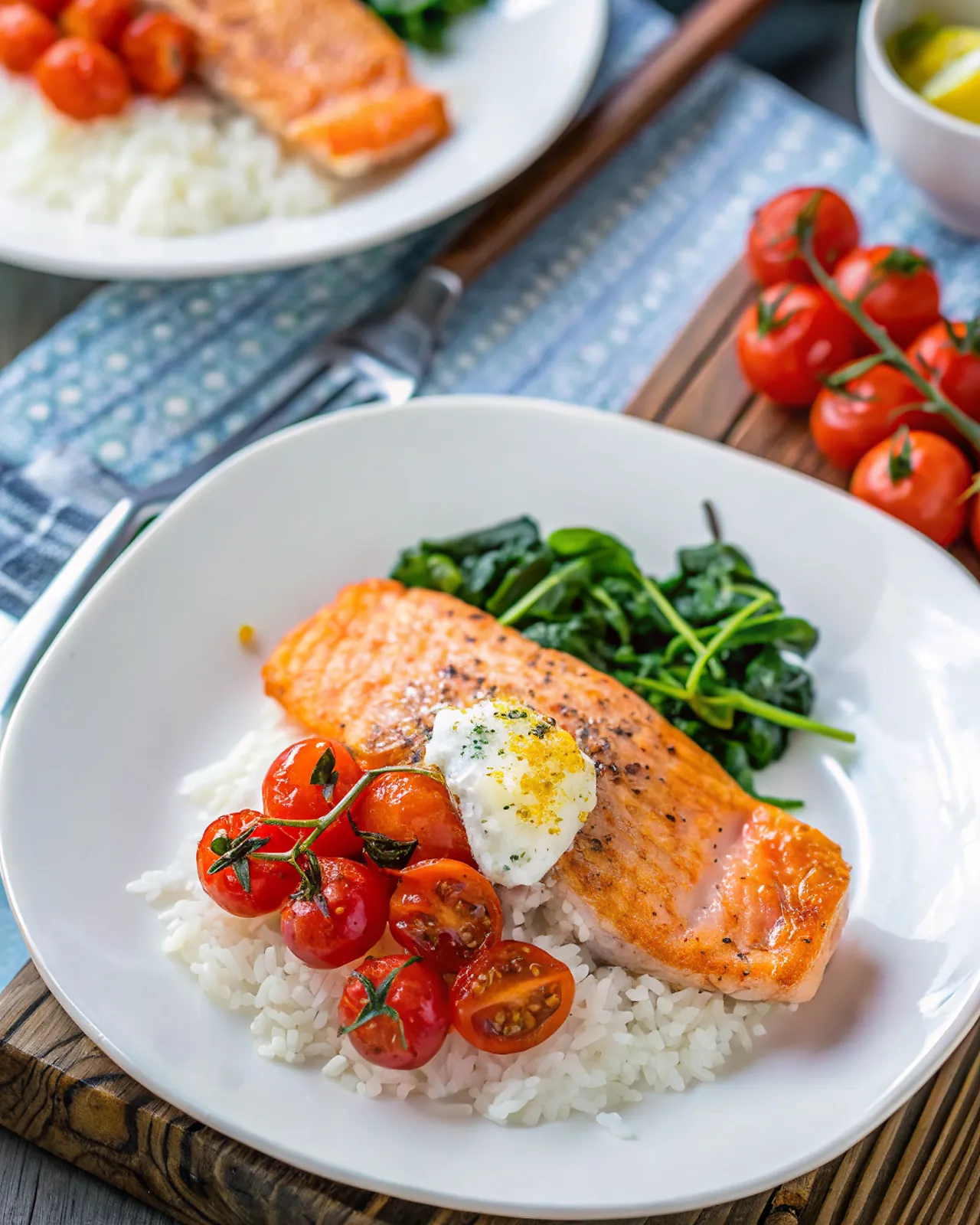 Perfectly seared Orange Arctic Char with Burst Cherry Tomatoes served professional style