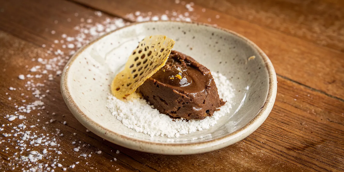 Perfectly seared Chocolate Mousse With Olive Oil and Sea Salt served professional style