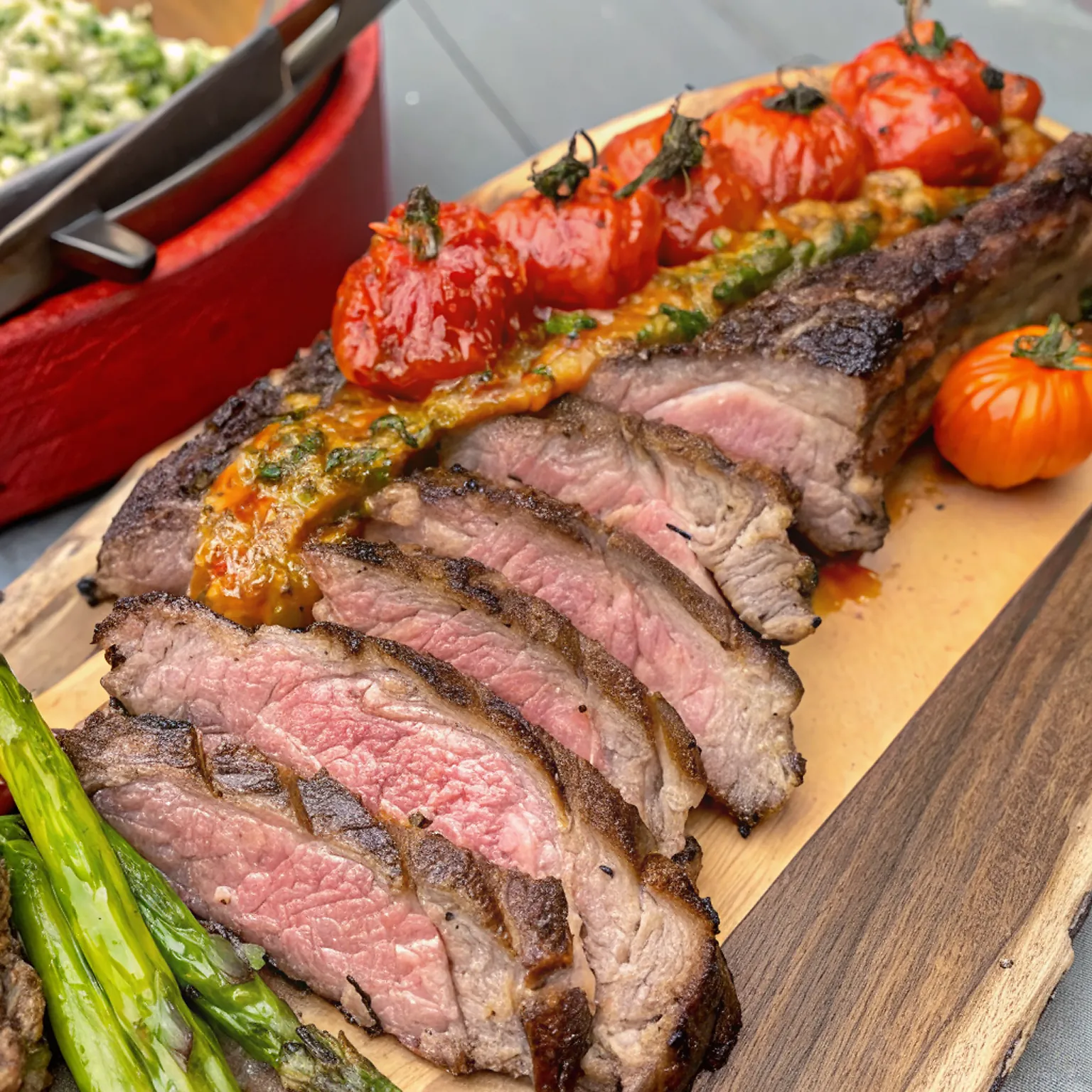 Perfectly seared Reverse-Seared Tomahawk Steak with Grilled Asparagus and Roasted Red Pepper, Tomato, and Garlic Chimichurri served professional style