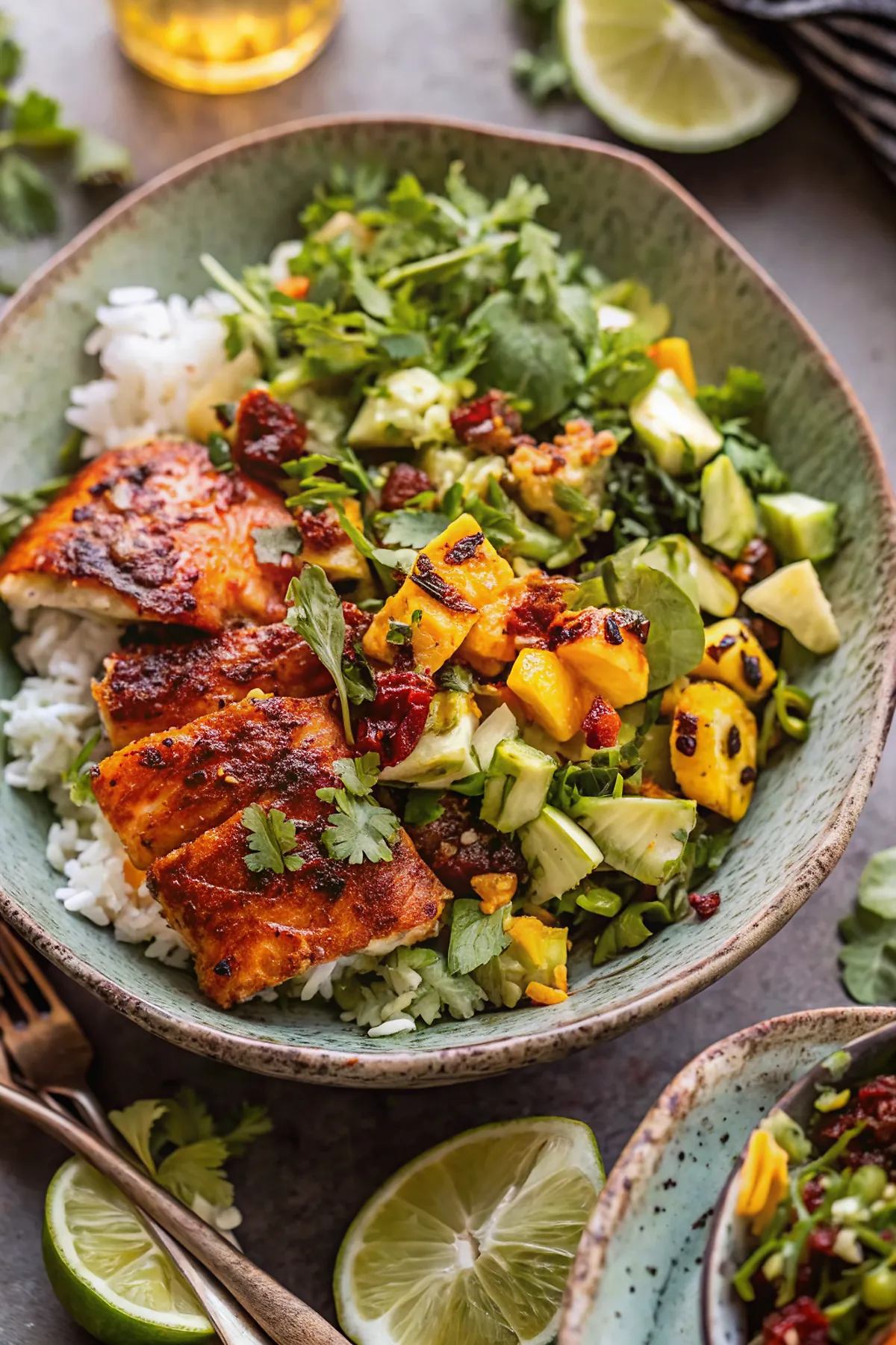 Perfectly seared Chili Crisp Salmon Bowl with Avocado Mango Salsa served professional style