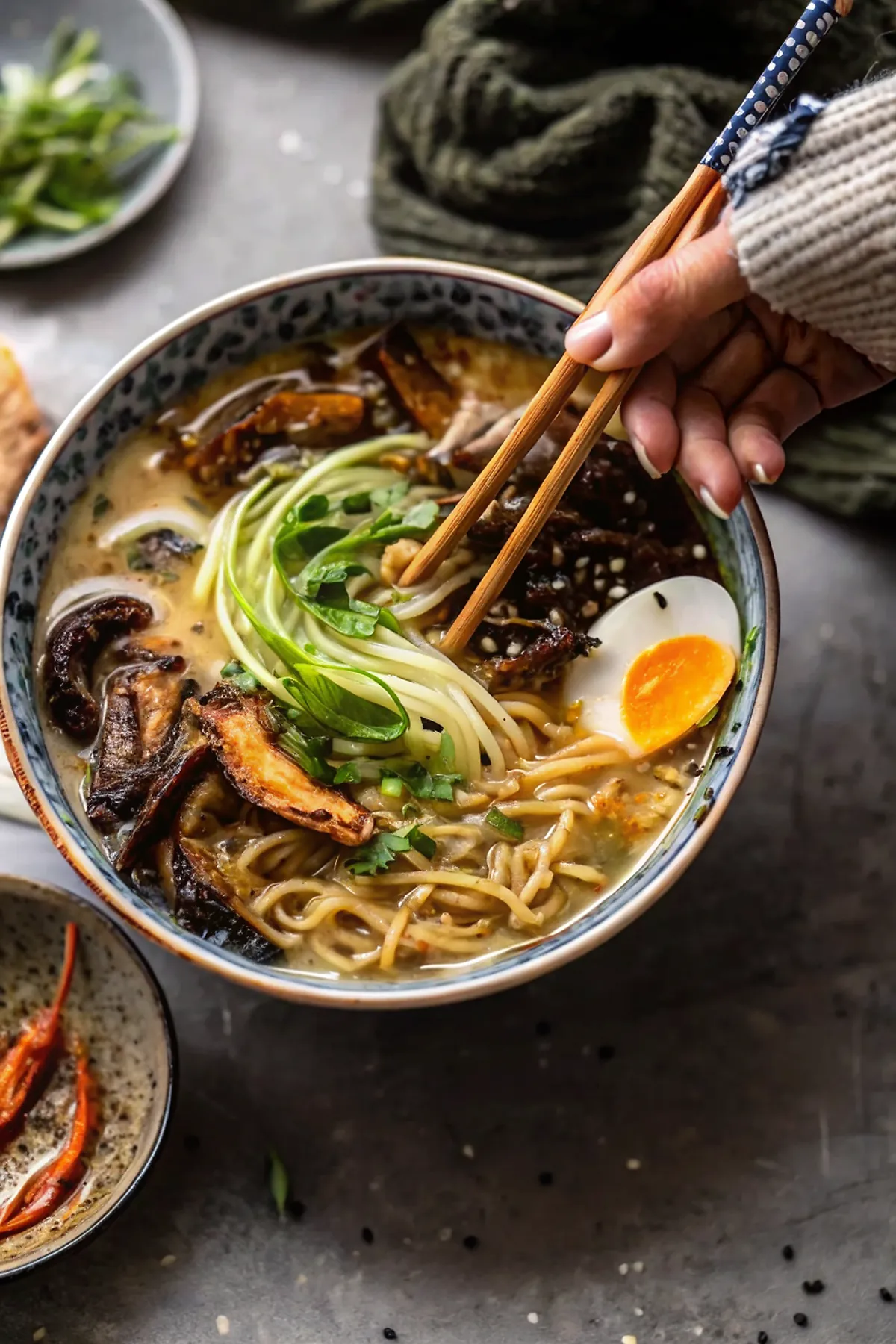 Perfectly seared 30 Minute Creamy Sesame Miso Ramen with Crispy Mushrooms served professional style