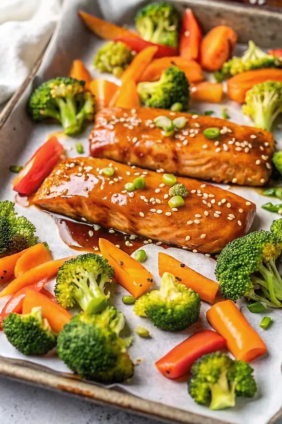 Perfectly seared Sheet Pan Teriyaki Salmon and Vegetables served professional style