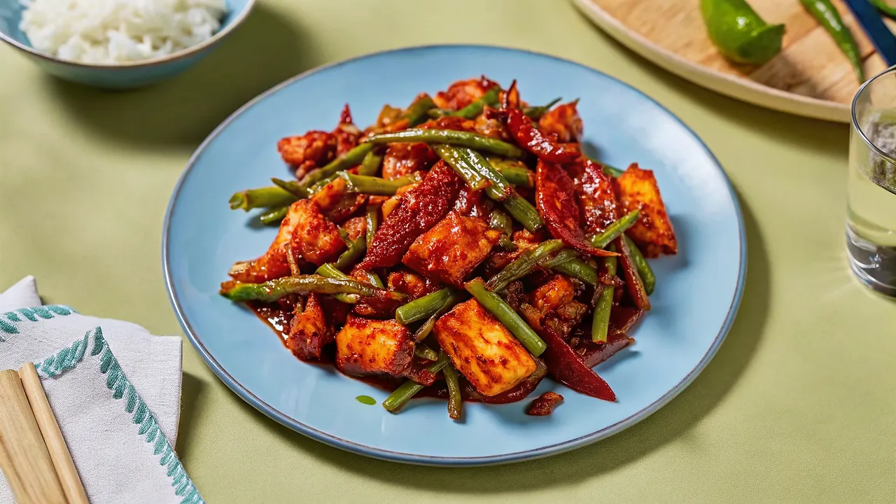 Perfectly seared Gochujang Chicken Stir-Fry served professional style